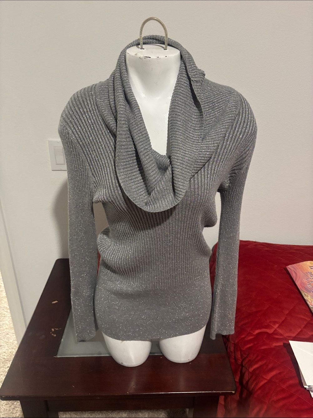 It's Our Time Metallic Gray Ribbed Cowl Neck Sweater